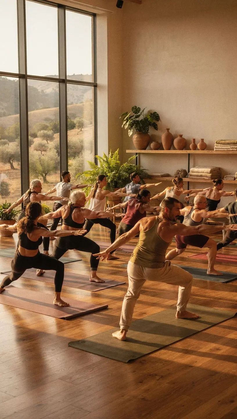 Una clase de yoga en grupo, donde los participantes realizan una serie de posturas dinámicas en un ambiente luminoso y relajante.