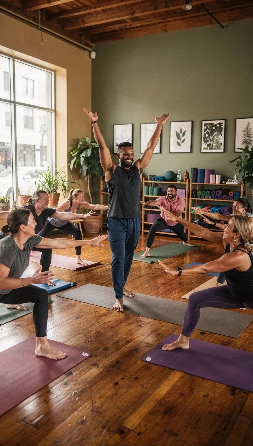 Un instructor guía a un grupo diverso de estudiantes en una sesión de meditación y respiración consciente.
