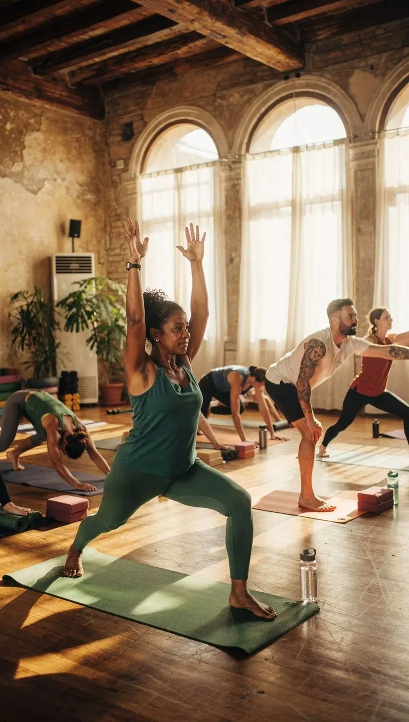 Detalle de una esterilla de yoga y accesorios, listos para una clase que promueve la fuerza y la flexibilidad.