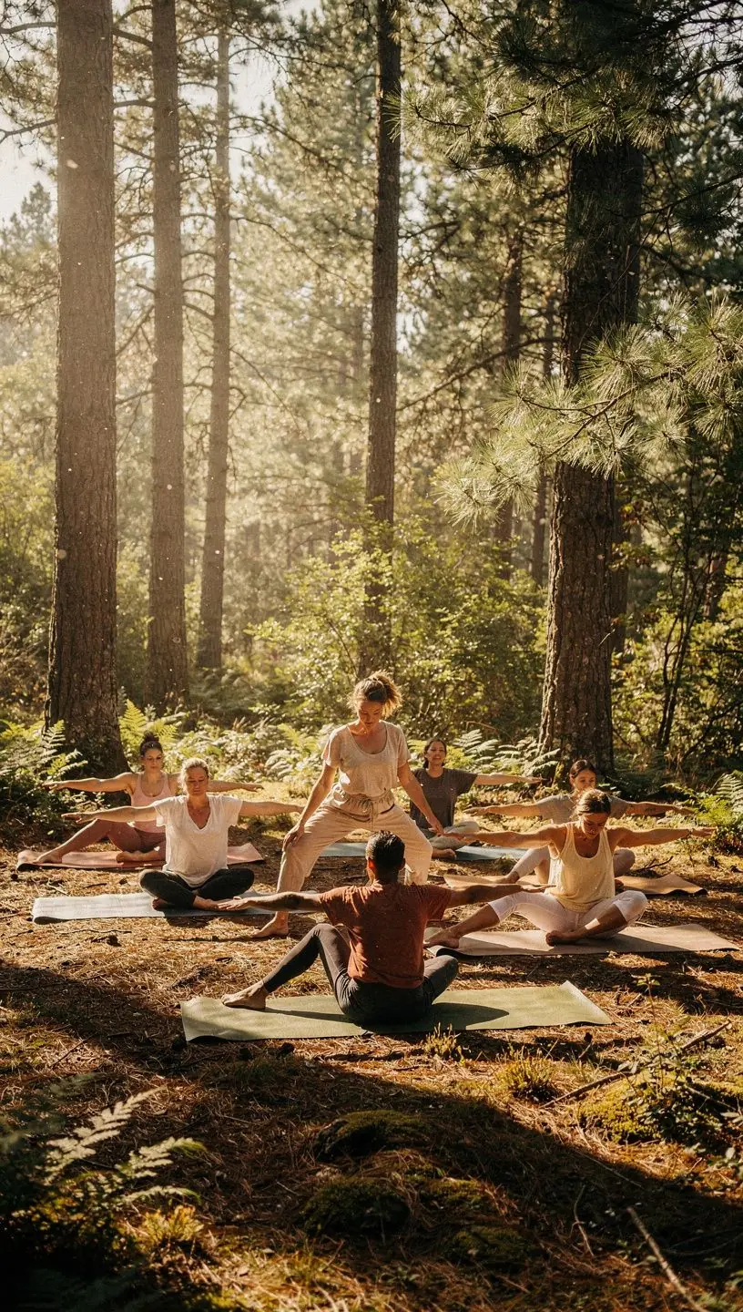 Un instructor guía a un grupo diverso de estudiantes en una sesión de meditación y respiración consciente.