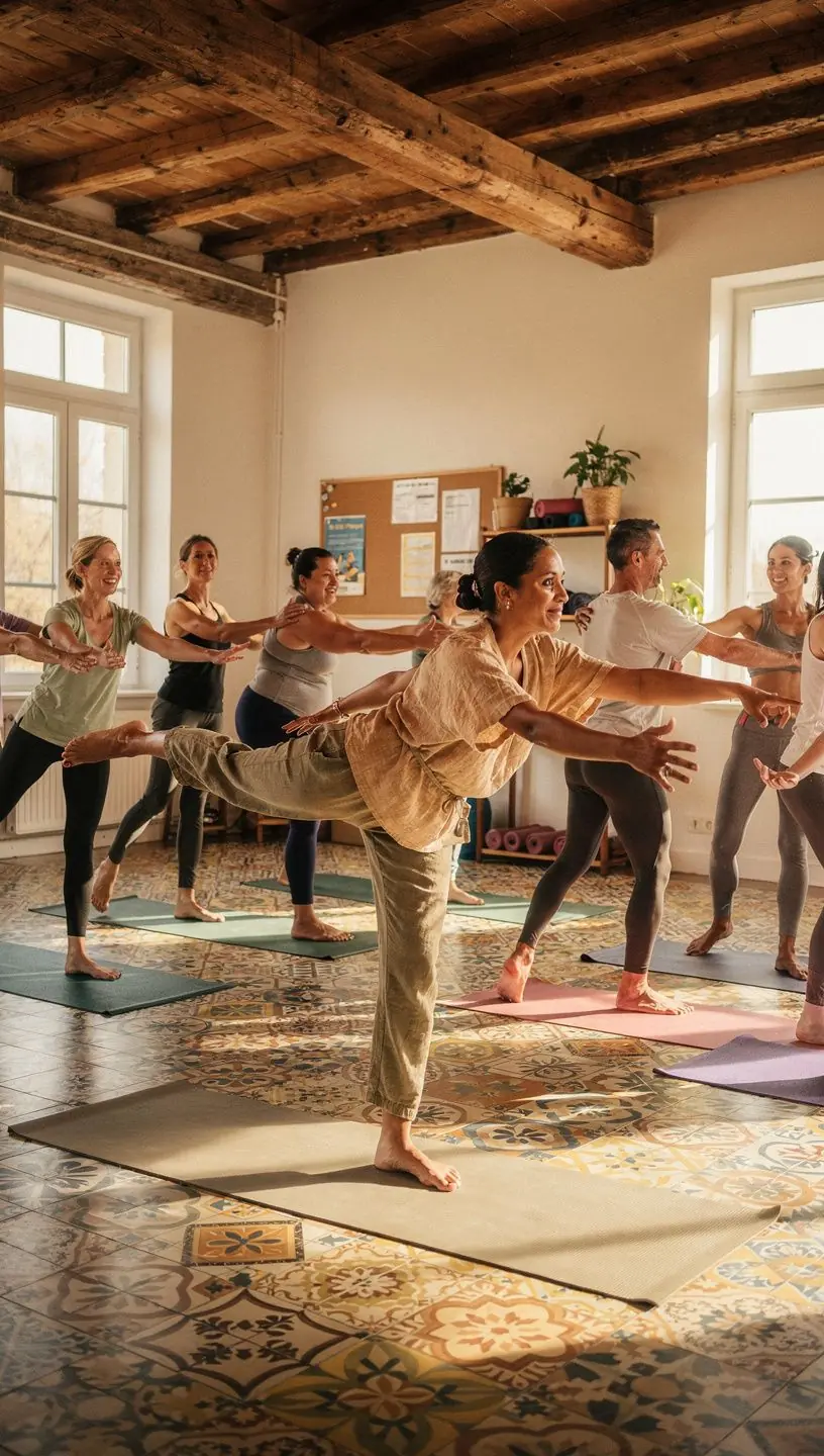 Un instructor guía a un grupo diverso de estudiantes en una sesión de meditación y respiración consciente.
