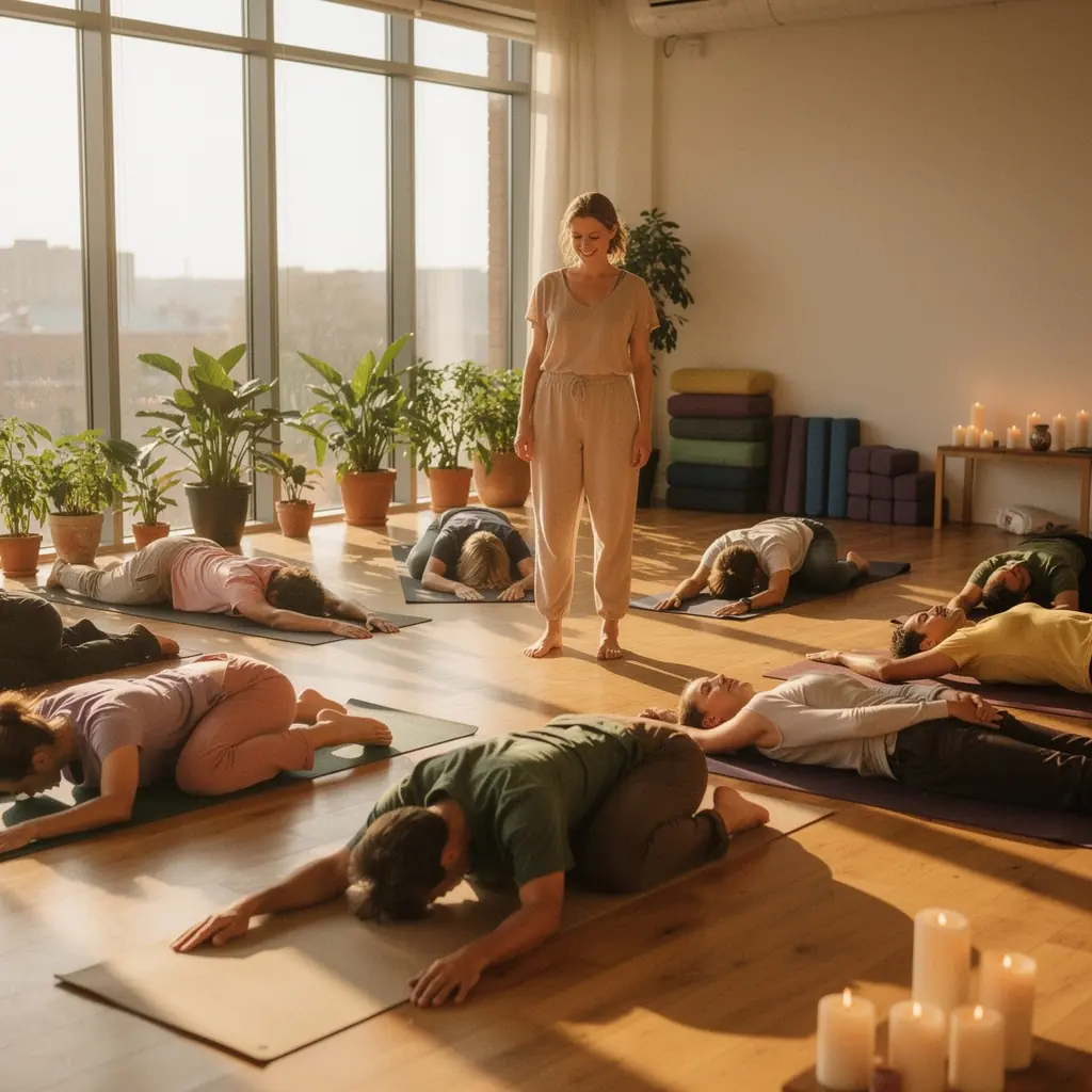 Un instructor guía a un grupo diverso de estudiantes en una sesión de meditación y respiración consciente.