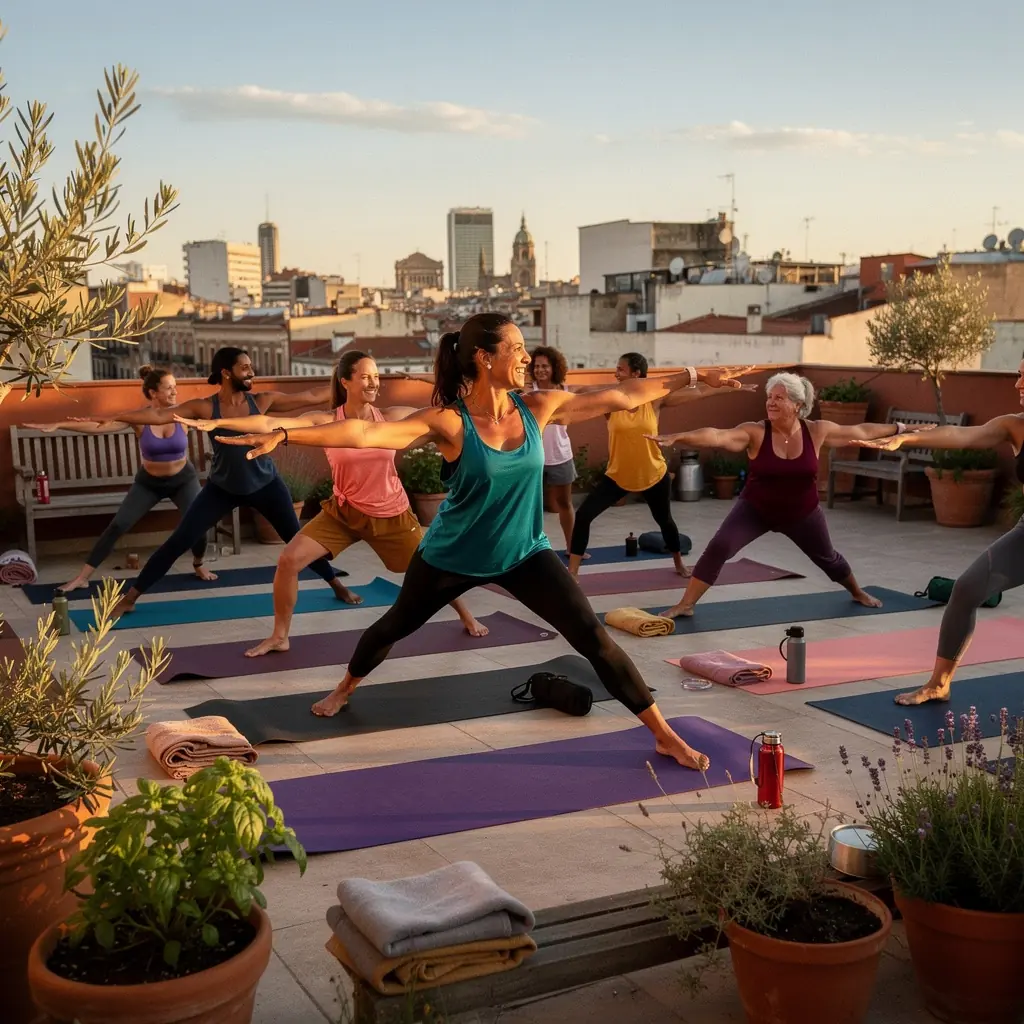 Un instructor guía a un grupo diverso de estudiantes en una sesión de meditación y respiración consciente.